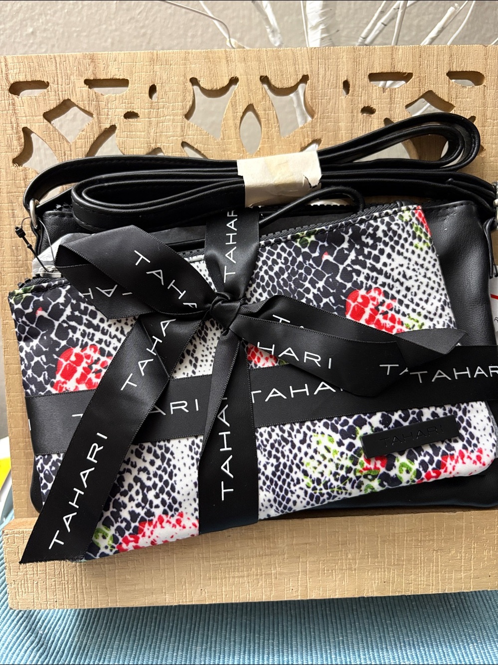Tahari Black Crossbody bag with a snake print wristlet (2 bags)